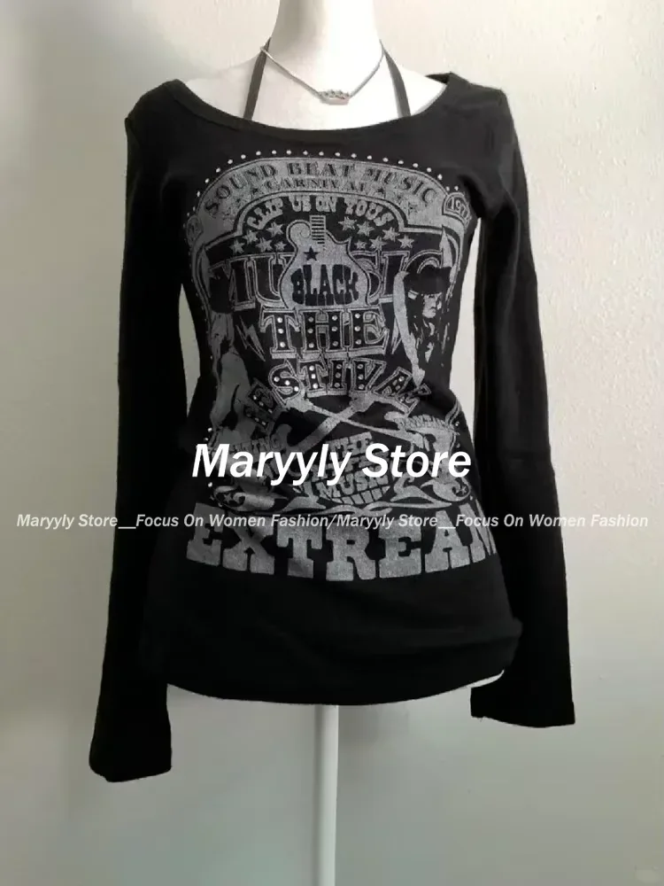 Vintage Gothic T-shirts Women Y2k Black Punk Graphic T-shirt Grunge Retro Sexy V-neck Cotton Tees Aesthetic Harajuku Tops New image 3