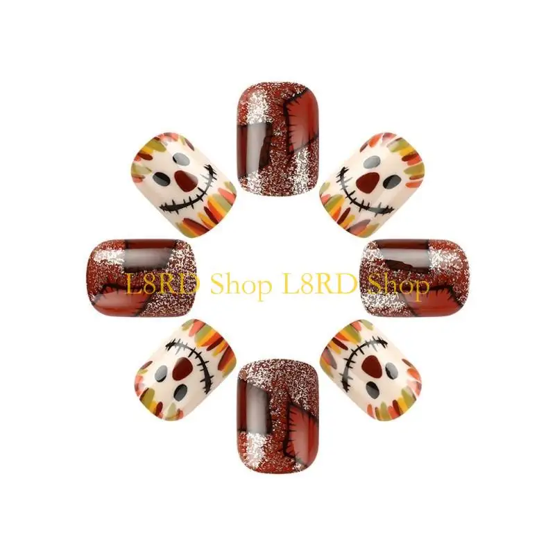 L8RD 感謝祭ネイルファッションショートスクエアプレスオンネイルアートデコレーションピエロと花柄スティックオン爪