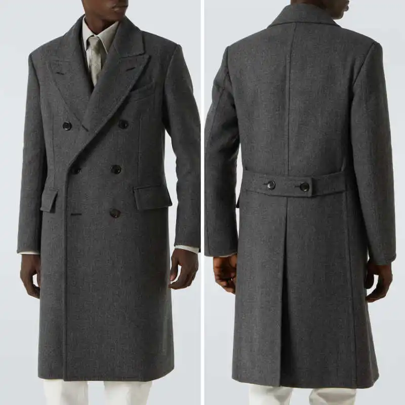 

Classic Men Coat Wool Blends Double Breasted Autumn Winter Long Overcoat Peaked Lapel Customized One Piece