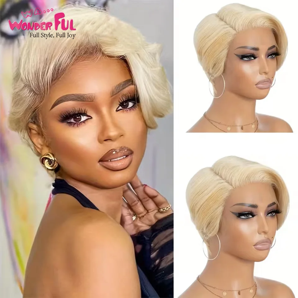 

Brazilian Remy Hair Short Pixie Cut Blonde 613 Lace Human Hair Wigs Grey Colored Wigs With Black Root Short Lace Wigs For Women