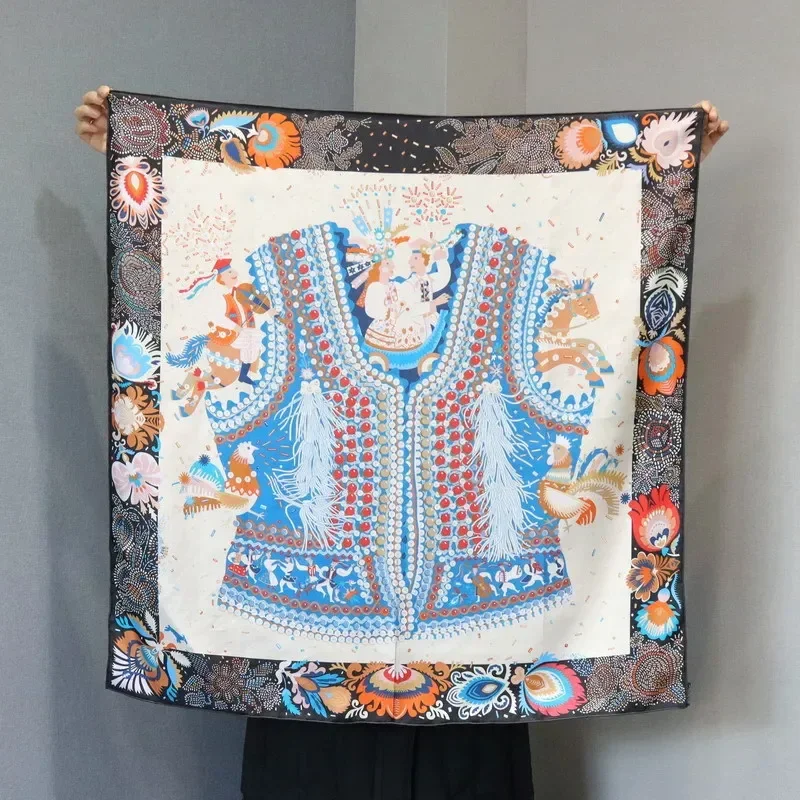

High-end Elegant Women's Exquisite Attire Celebration Printed Quality 14MM Twill Silk Hand-rolled Edge Large Square Scarf Shawl