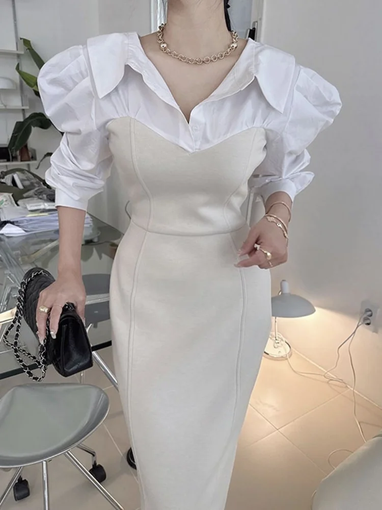 Woherb Women French Lapel Contrast Color Stitching Dress 2024 New Korean Chic Button Vestidos Spring Slim Lantern Sleeve Dresses