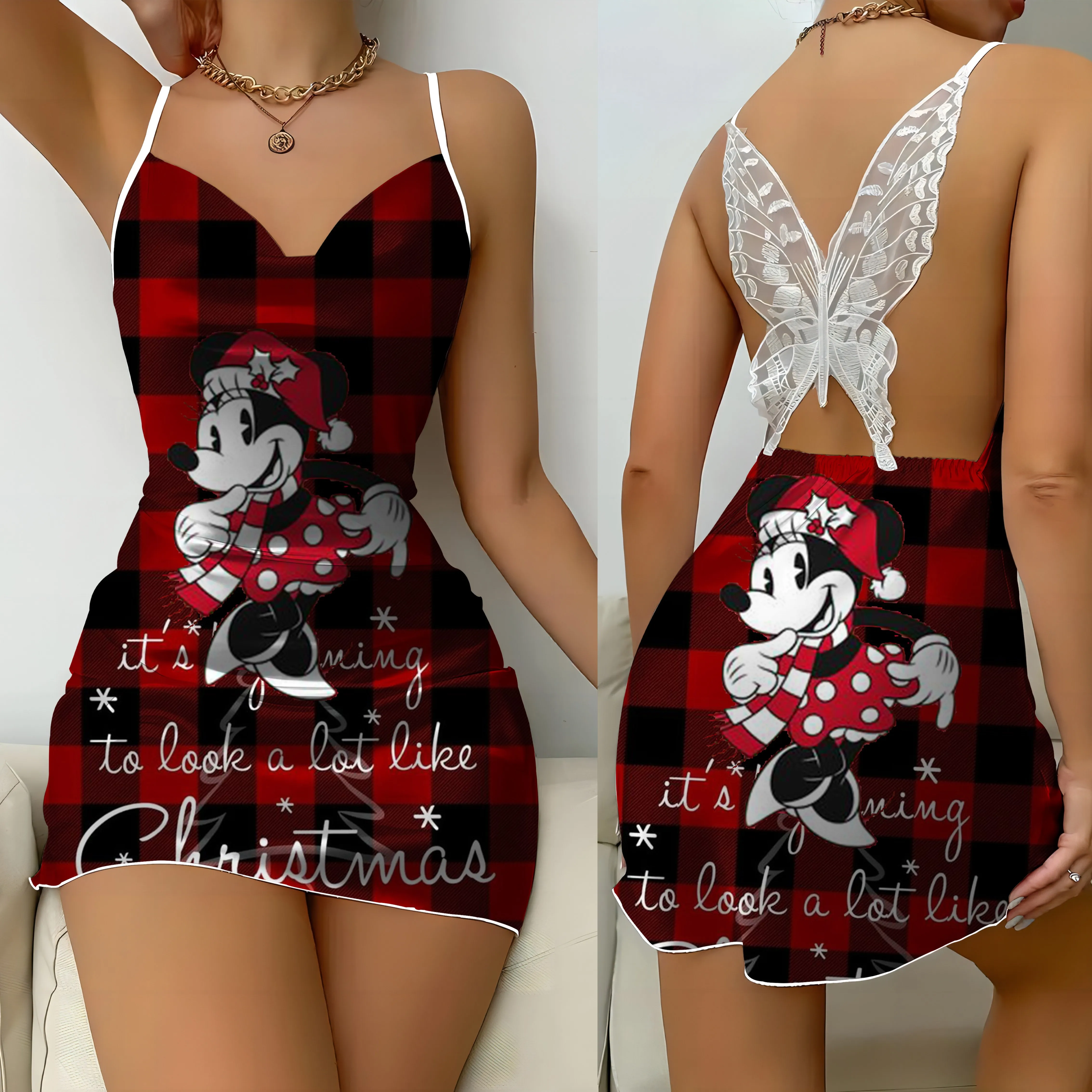 Lace Dress Christmas Party Dresses Mickey Minnie Mouse Disney Pajama Skirt Bow Knot Satin Surface Womens Mini Sexy Backless Home