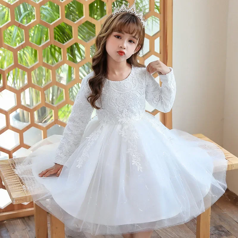 2024 New Baby Kids Dresses For Girls Birthday Party Long Sleeve Dress Gown Girl Mesh Print Princess Children Wedding Dress 10Y