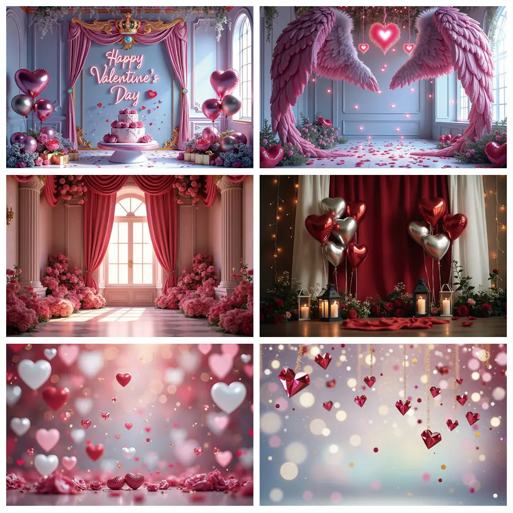 

MOON.QG Valentine's Day Photography Background Glitter Heart Wood Flower Wall Backdrop February 14 Couple Photo Studio Props