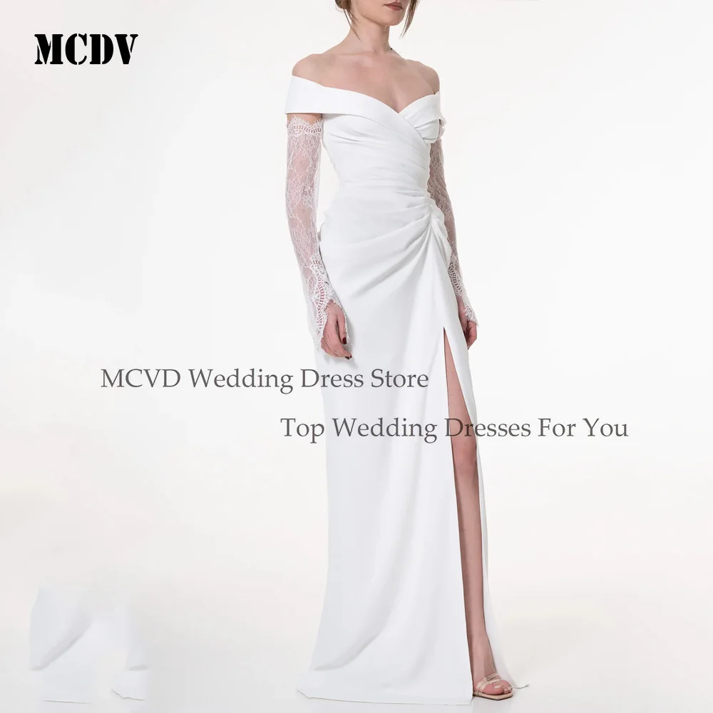 

MCDV Mermaid Wedding Dress Off Shoulder Split Mermaid Bride Party Gowns Customized Detachable Sleeve Pleat vestidos de novias