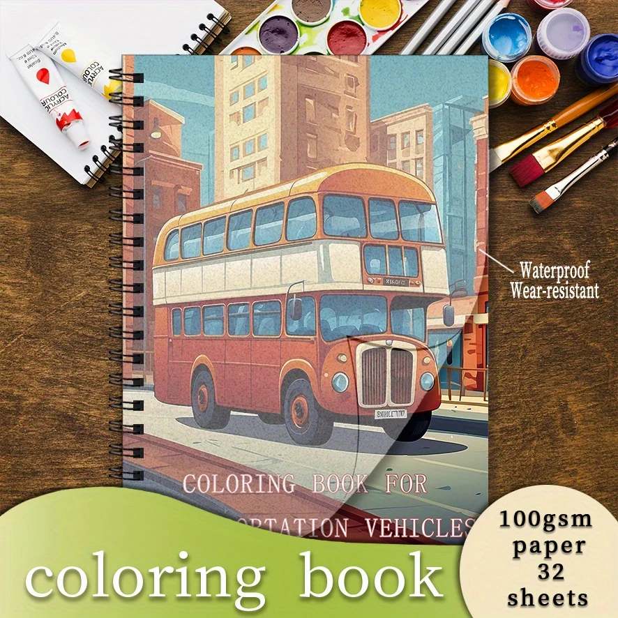 32 Pages Coloring Book 8.3x11.2 Inches Transportation Theme - Ideal for Relaxation Holiday Party Favors Back to School Activity