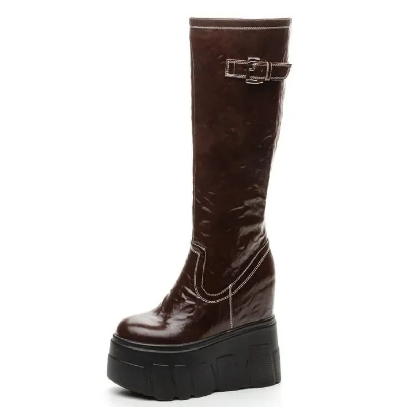 

High quality 14cm Synthetic Patent Genuine Leather Platform Wedge Women Boots Spring Knee High ZIP Fashion Autumn Booties Shoes