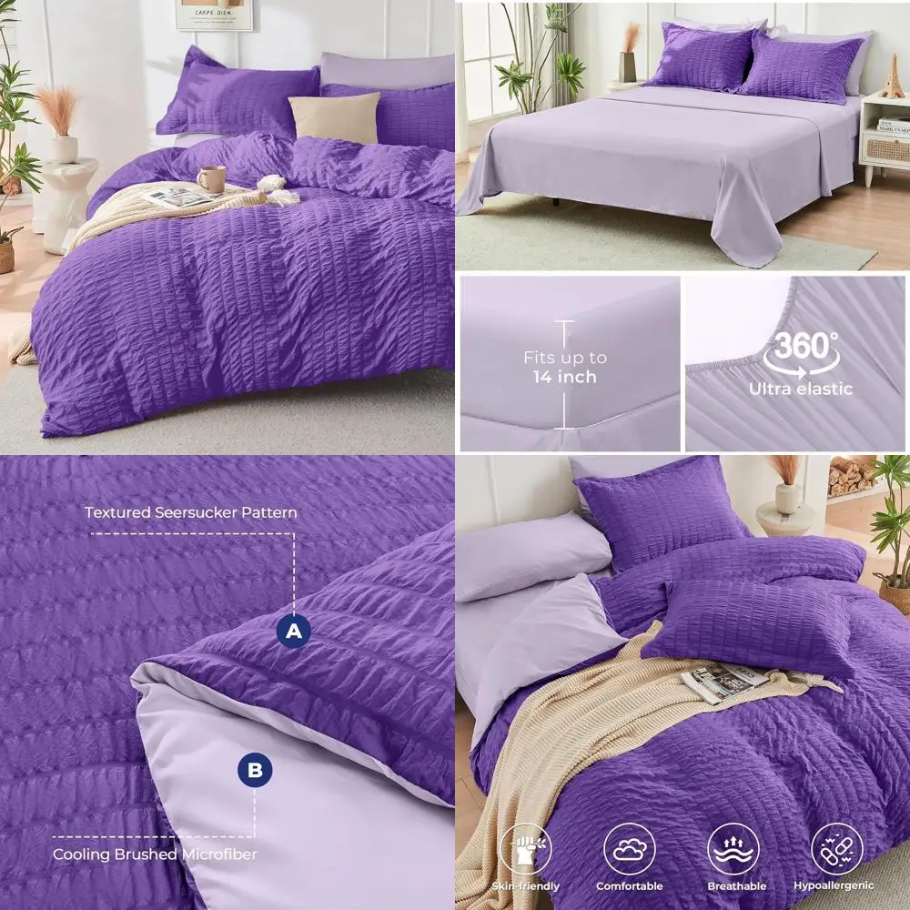 

Комплект постельного белья из 7 предметов: лавандовый комплект для кровати размера King Size, роскошное всесезонное постельное белье из сирсакера с простынями, наволочками и декоративными наволочками.