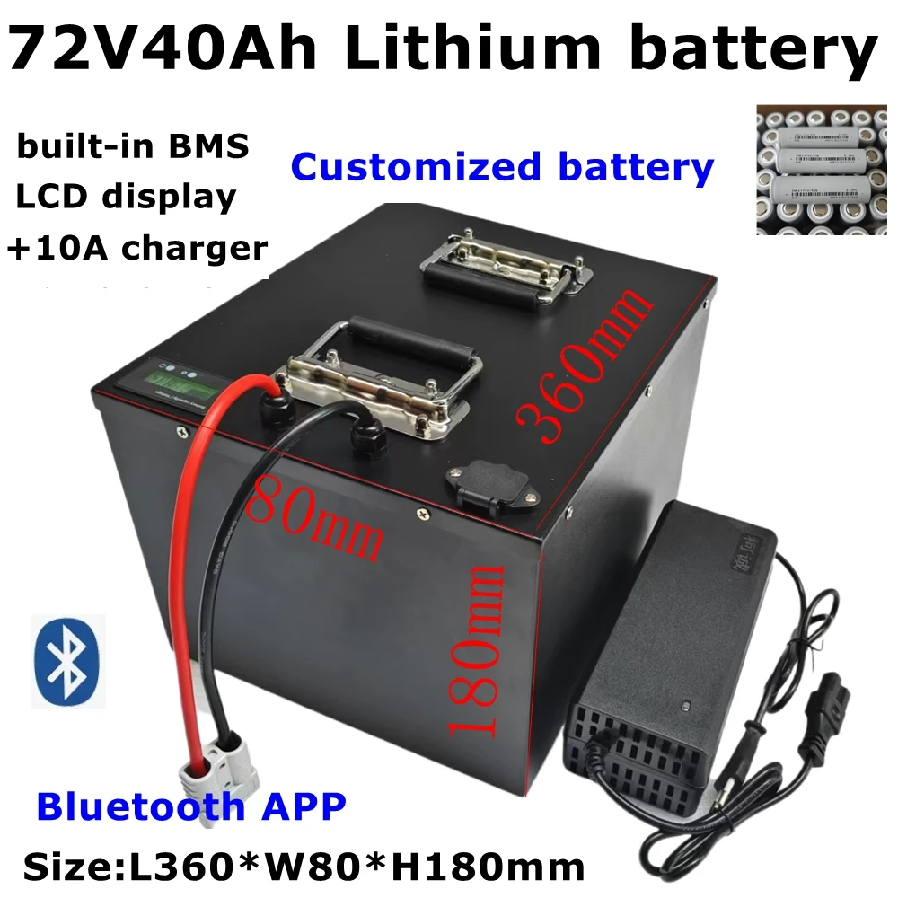 Batterie articulation ion 72V, 40Ah avec BMS Bluetooth, pour Vélo, Scooter, Moto, avec Chargeur 10A, 5000/3000W