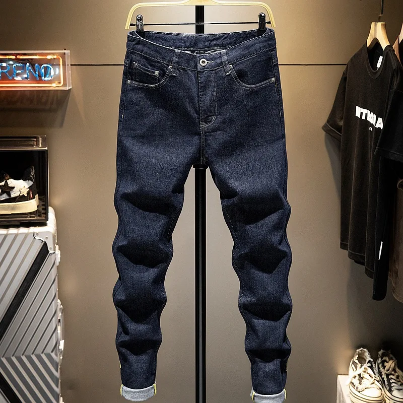 Fashionable Embroidered Jeans, Men's Trendy Original Color, Retro Washed Print, Elastic Slim Fit, Light Luxury Denim Pants
