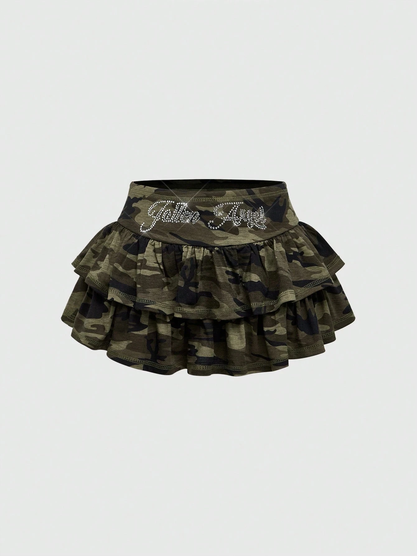 

Женская уличная мини-юбка с камуфляжным принтом, стразами и надписями, с высокой талией, многоярусными оборками, повседневная, 2026