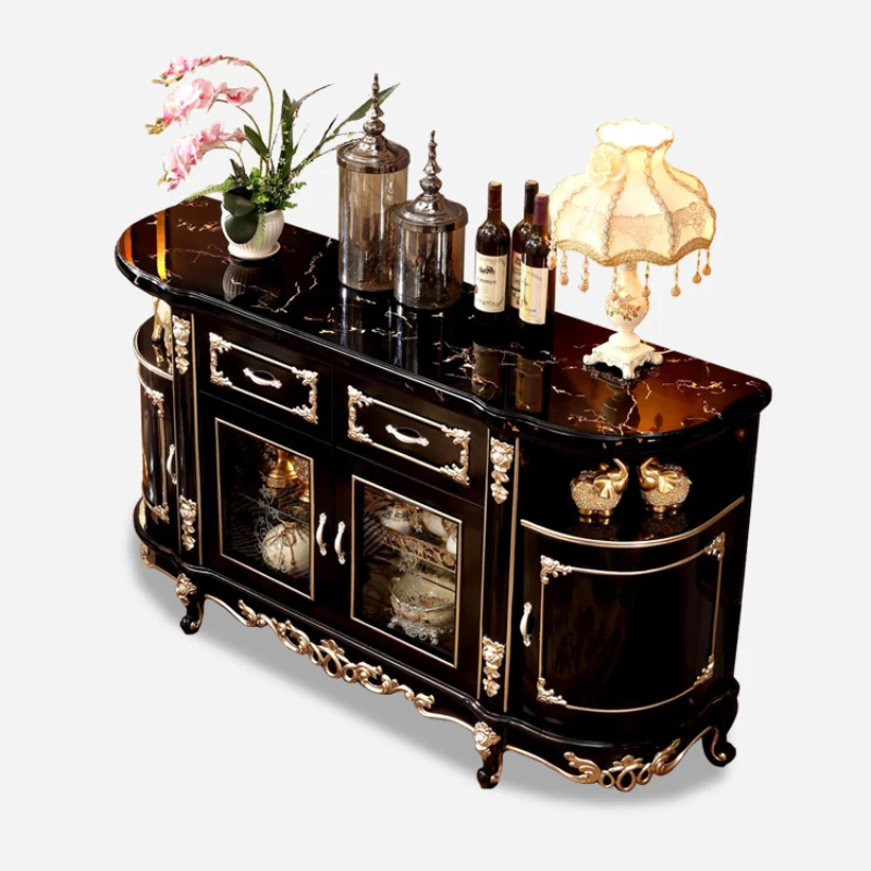 Solid Ebony Color Console Table Locker Wine Cabinet Cupboard Oval Marble Sideboard Cabinet