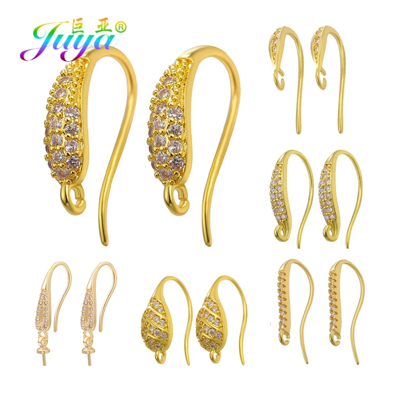 Juya DIY Simple Ear Hole Clasp Supplies Gold/Silver Color Dangle Earring Hooks Accessories For Pearls Crystals Earwire Making