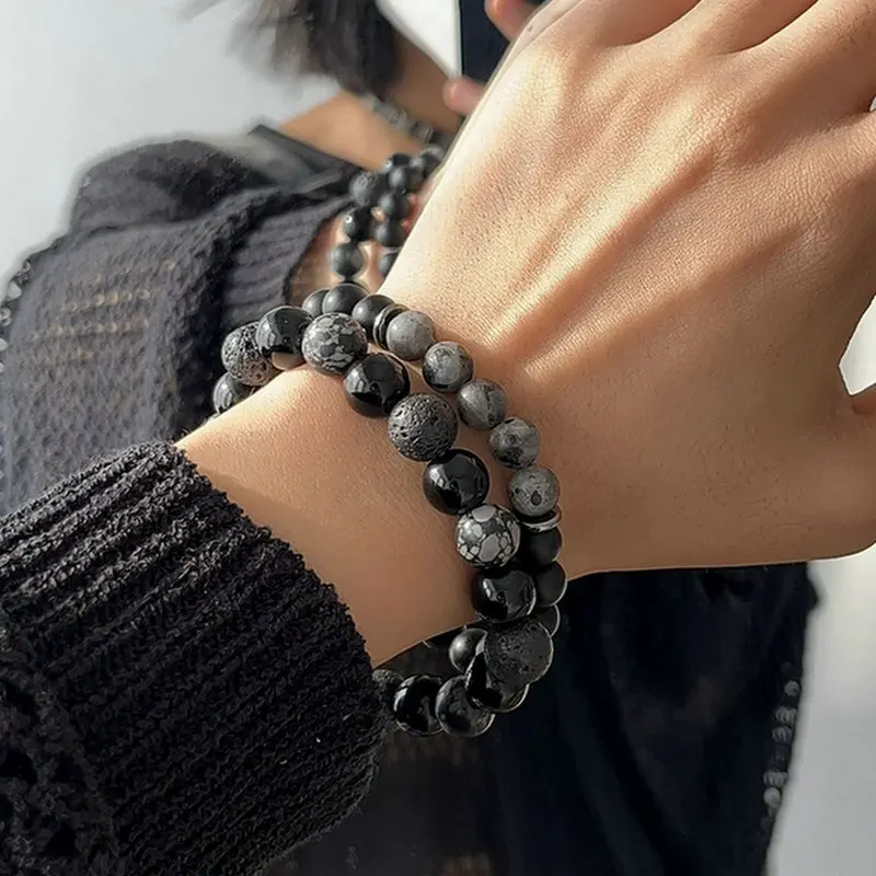 Natural Snowflake Obsidian Stone Beads Bracelet Natural Volcanic Rocks Alabaster Beads Bracelets Jewelry Making Charm Bracelet