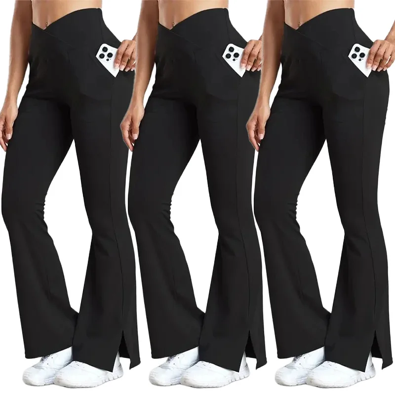 

CHRLEISURE 3PCS Yoga Flare Pants Women Crossover Waist Fitness Legging with Pockets Split Hem Workout Tights