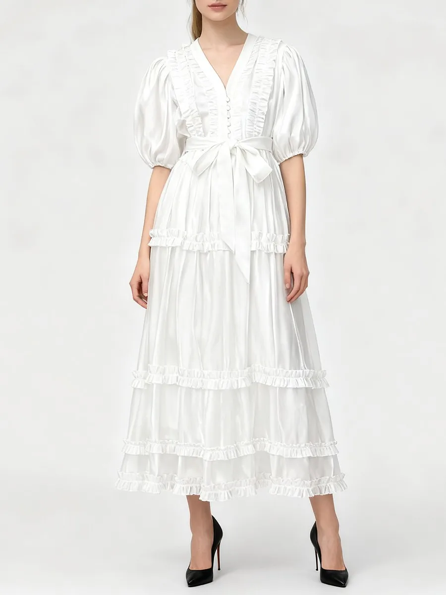 TWOTWINSTYLE Printing Spliced Fungus Folds Vintage Dresses for Women V Neck Half Sleeves High Waist Velvet Long Dress Female New