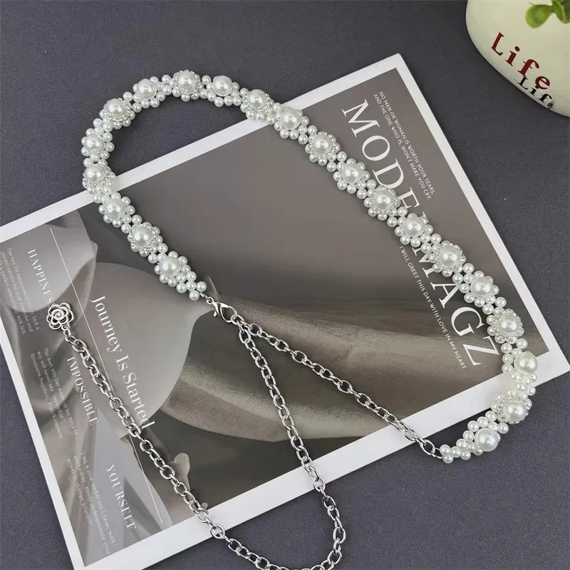 Women's Vintage Pearl Flower Chain Corset Female Cummerbund Coat Waistband Dress Decration Narrow Belt J1745
