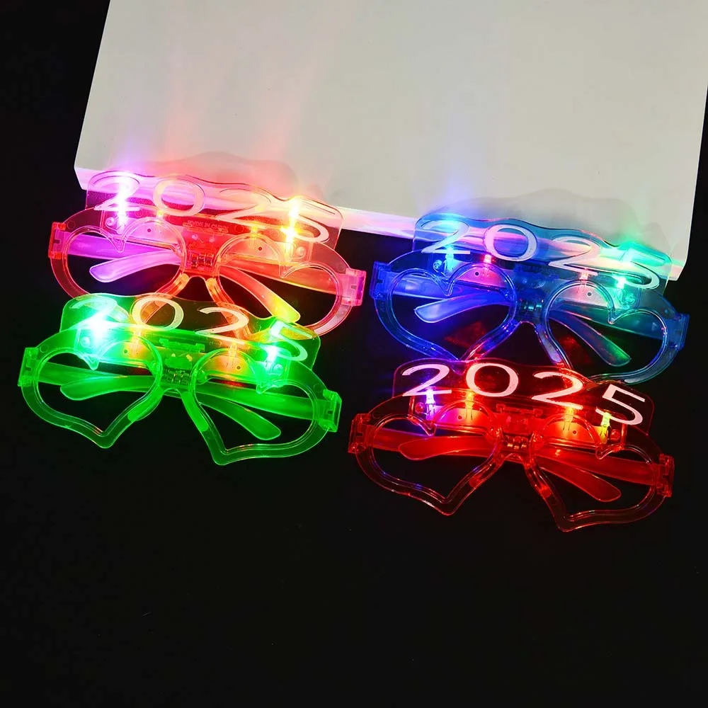 LED Glow 2025 Happy New Year Glow Glasses Love Heart Shape Photographic Ornaments 2025 LED Glow Glasses Number Letter Colorful