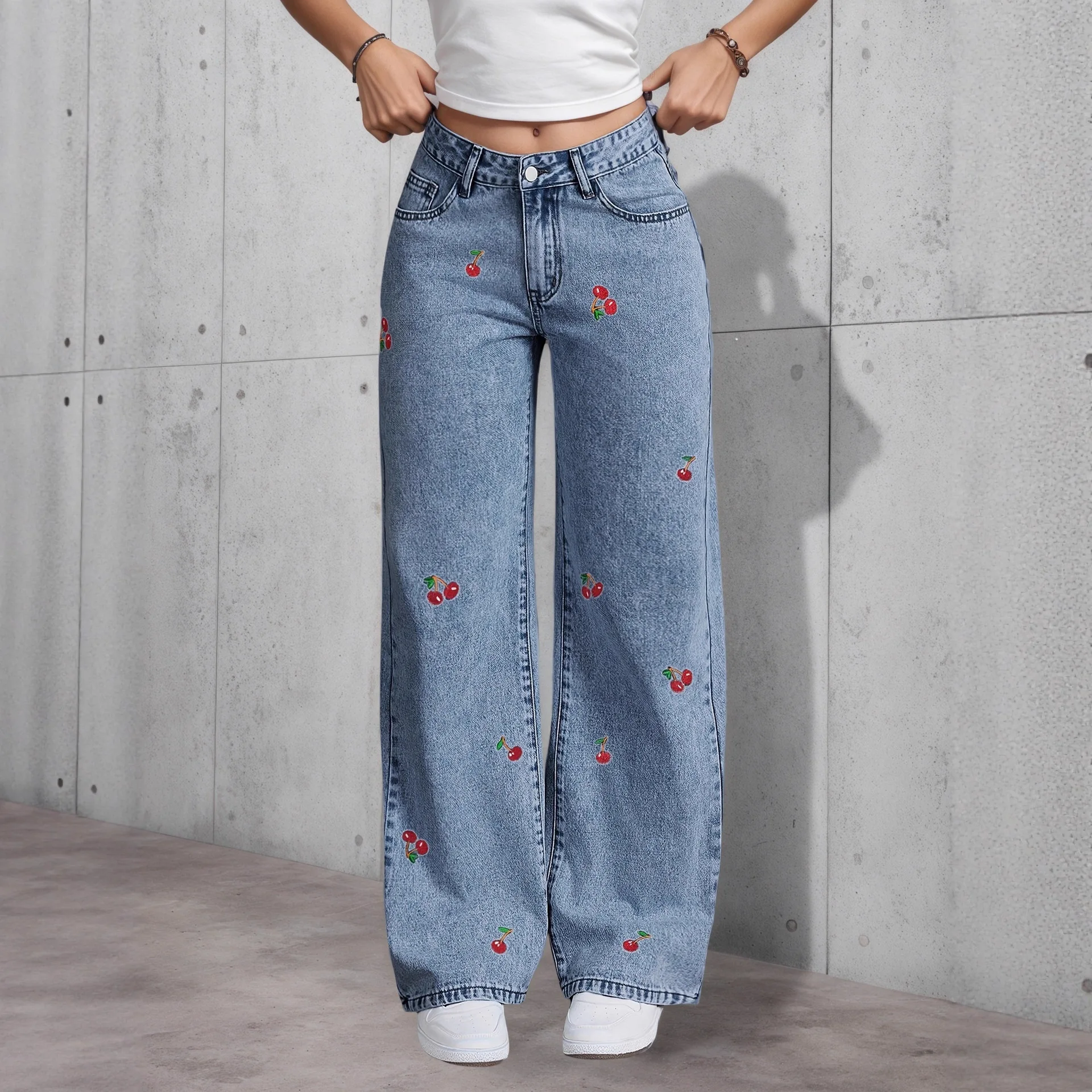 Embroidered Super Stretchy Straight Daily Casual Loose Fit Jeans Pants for Women European American Vintage Female Denim Clothes