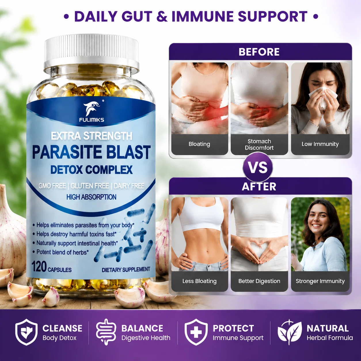 Parasite Blast Detox Capsules, Support Body Detox & Intestinal Gut Health, Digestion, Immune & Metabolism, Abdominal Discomfort