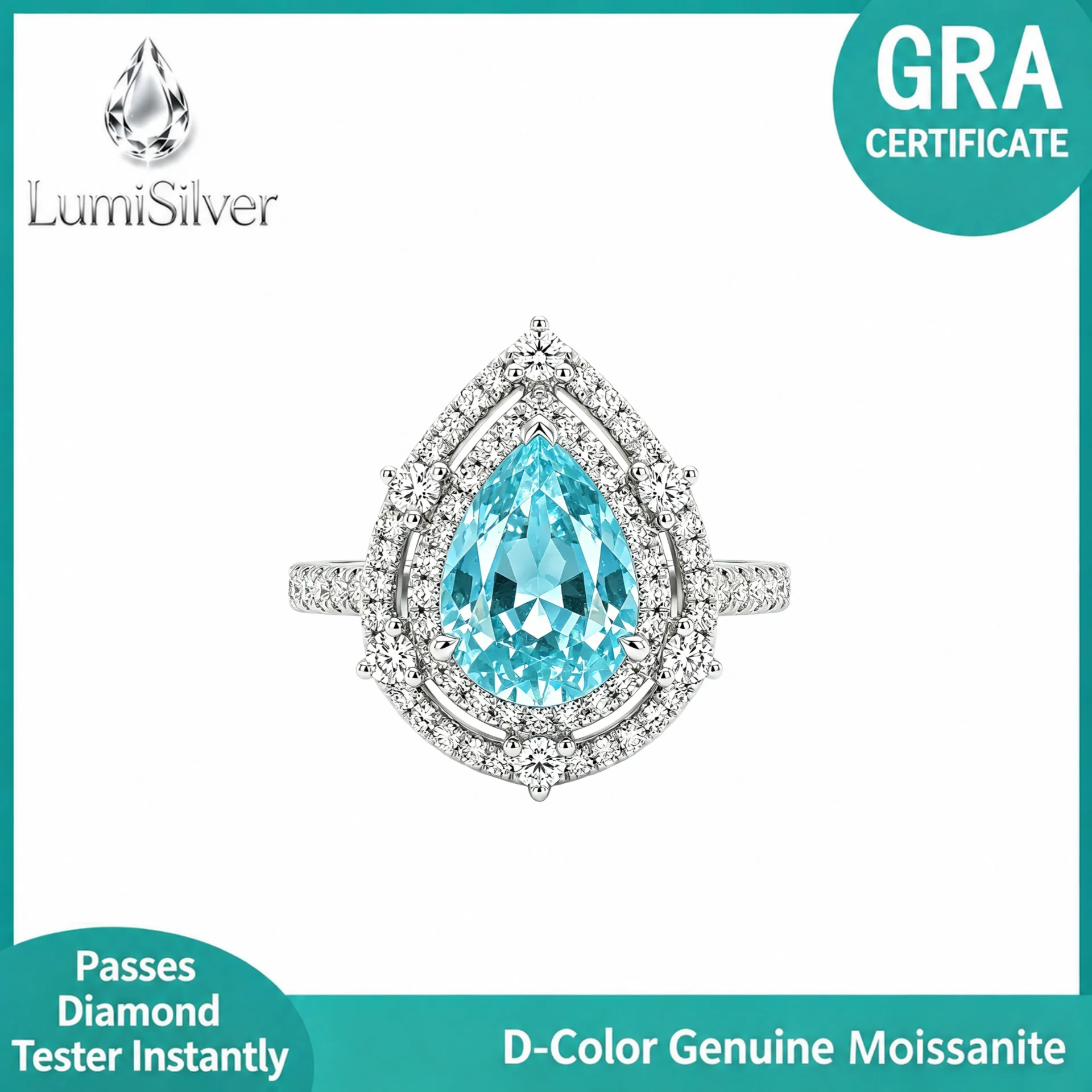2CT Pear Cut Moissanite Ring Women 925 Silver Double Halo Engagement Wedding Ring Multi Color Gemstone Jewelry GRA Cert