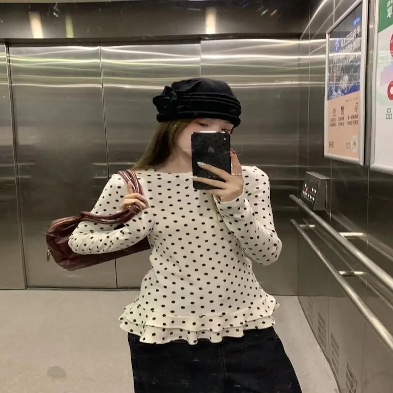 Sweet Style Long Sleeve T Shirt Cotton Women Spring Inner Wear White Polka Dot Elegant Ruffle Slimming Age Reducing Base Tops