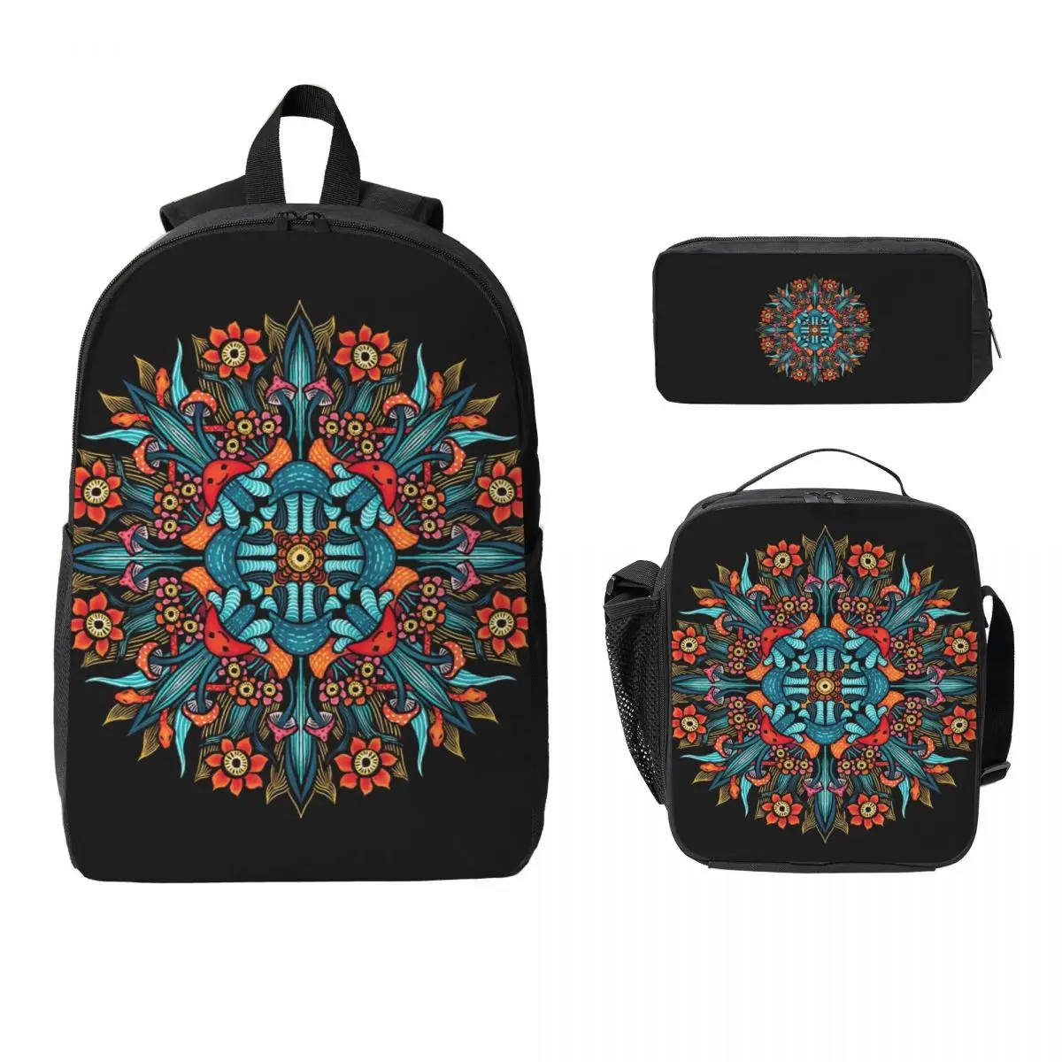 Trippy Hippie Psychedelic Colorful Mandala With Mushrooms Backpack BookBag School Bag 3ps Insulated Lunch Bag Pencil Case