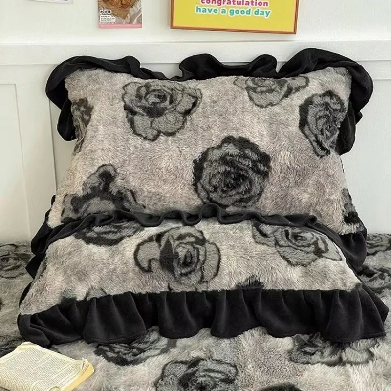 2Pcs Heavy Weight Bunny Plush Pillow Cases with Ruffle Trim, Thick Warm Milk Fleece Pillow Shams, Winter Bedding Pillow Covers
