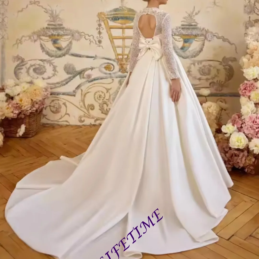 

Customized White Flower Girl Dresses Satin Applique Pearls Long Sleeve For Wedding Birthday Party Banquet First Communion Gowns