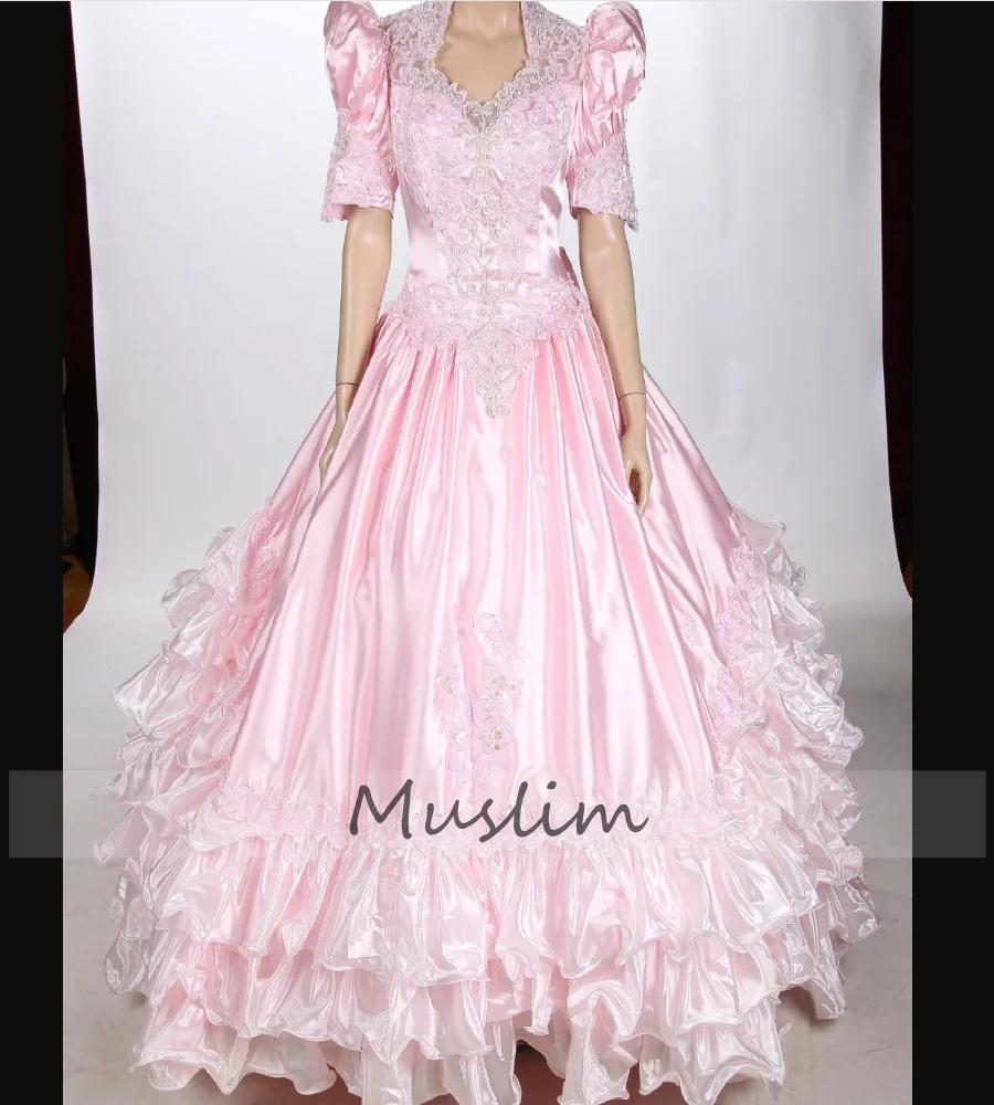 

Glamour Pink 80s Wedding Dress 2025 Short Sleeve Organza Ruffles Victorian Bustle Bridal Dress A Line Appliques Lace Customized