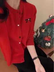 Christmas Red Bow Knitted Cardigan 2024 New Autumn/Winter Women's Round Neck Single Breasted Elegant Sweater Comfortable Coat