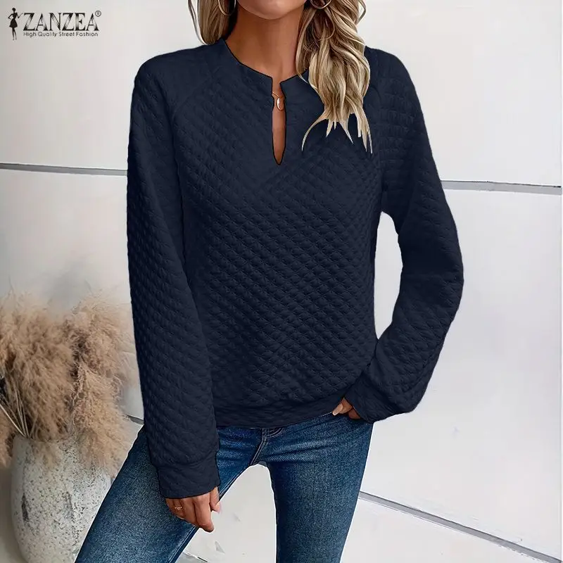 ZANZEA Vrouwen Herfst Sweatshirts Mode V-hals Lange Mouw Effen Jumpers 2026 Casual Losse Truien Vrouwelijke Streetwear Tops