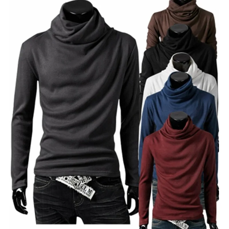 Winter Autumn Spring New Fashion Men's Casual Trendy Solid Color Ruffled Collar Knitted Sweater Shirt Korean Long Sleeve Sweater