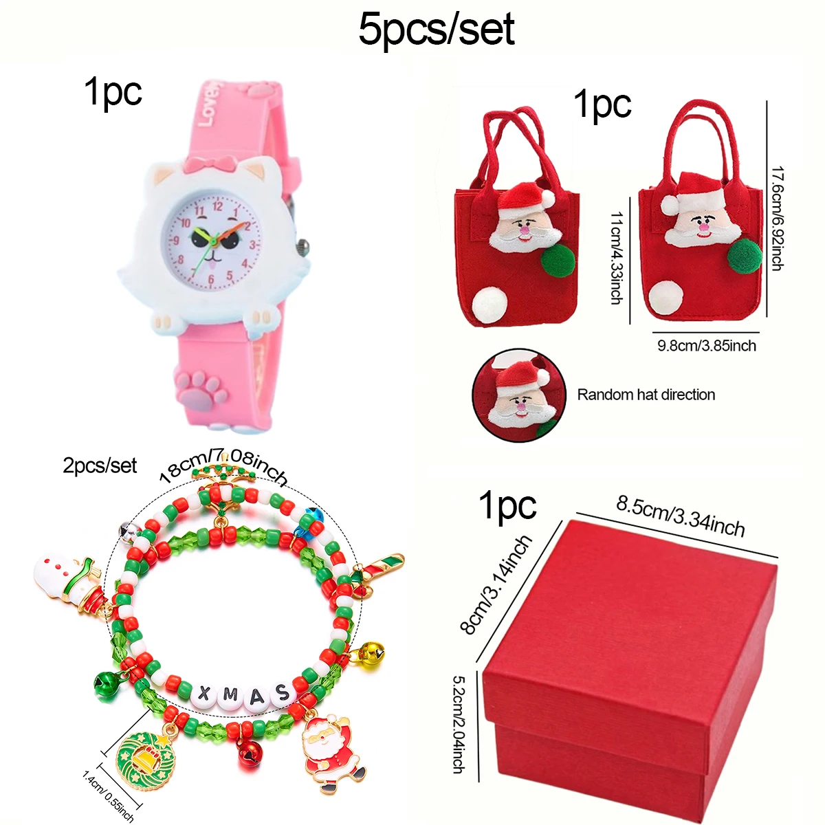 Gatinho Paw Print Watch Set, Pulseira Estilo Natal, Presente Perfeito Escolha, Presente de Natal, 5pcs por conjunto