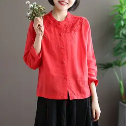 Cotton Linen Embroidered T Shirt For Women Spring Button New Chinese Style Plus Size Loose Pure Color Trendy All -matching Top