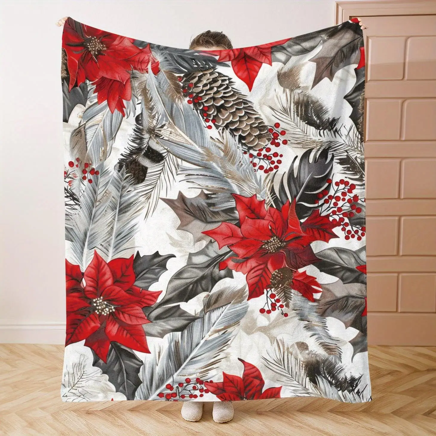 1pc Christmas poinsettia and pine cone pattern blanket, polyester fabric, machine washable, suitable for bedroom and living room