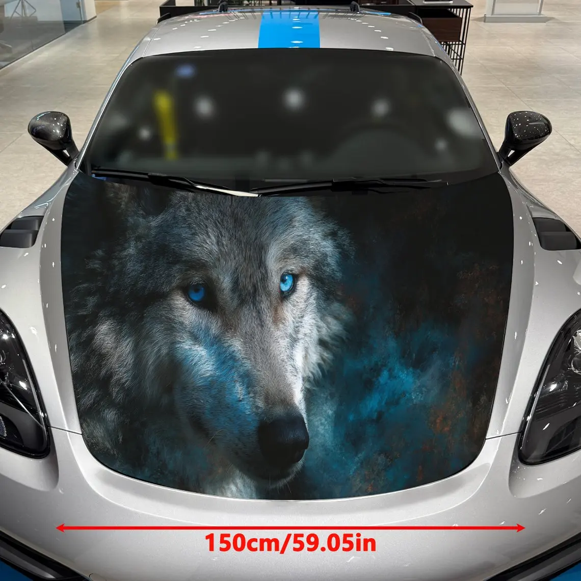 شارات السيارة الذئب مع عيون زرقاء جذابة في الخيال العلمي - Fi Infused Close - Up Scene Creation ملصق غطاء السيارة، مقاوم للماء ذاتي - A