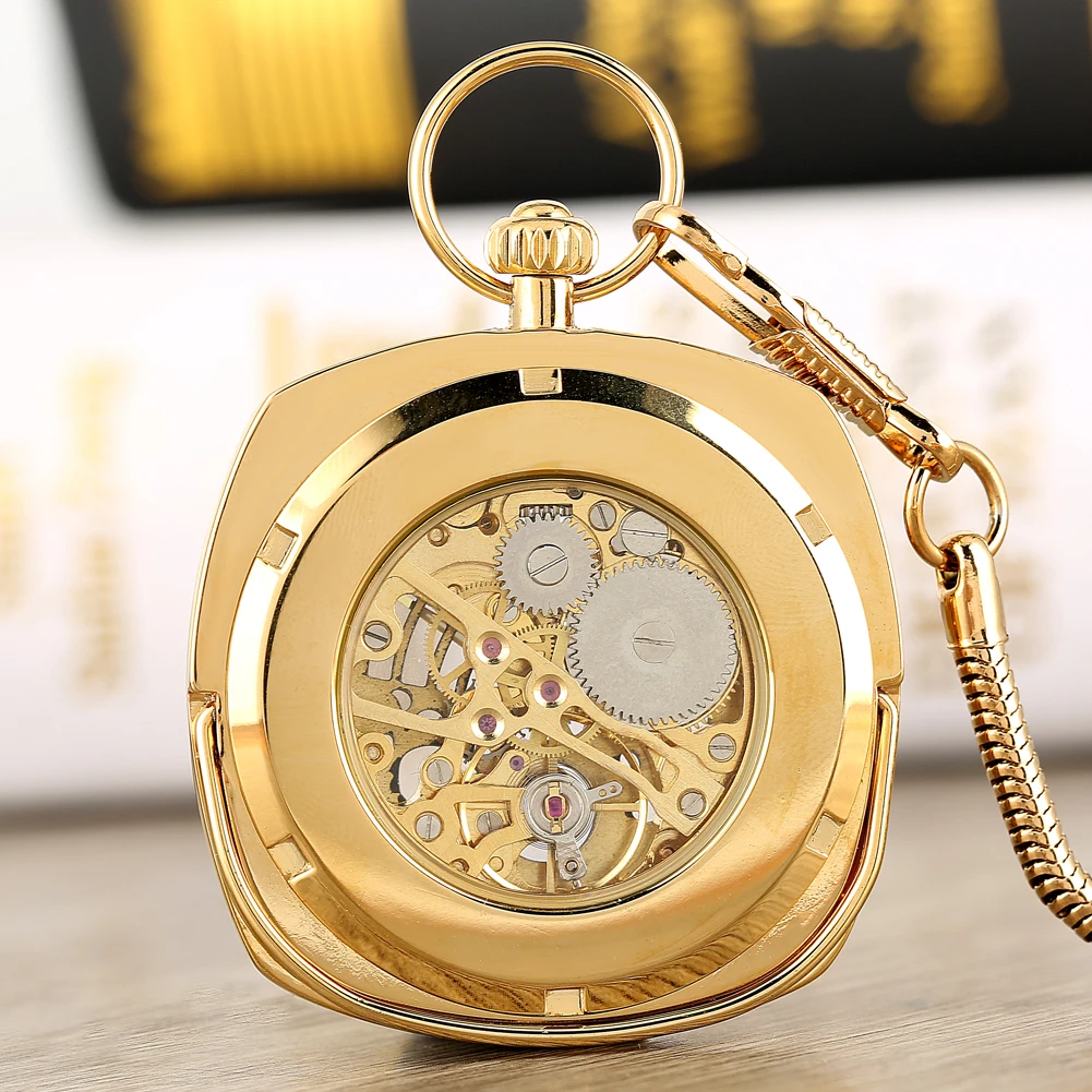 Antique Black/Silver/Gold Mechanical Pocket Watch Unique Square 30cm Snake Chain Hand Winding Pocket Watches Pendant Clock Gifts