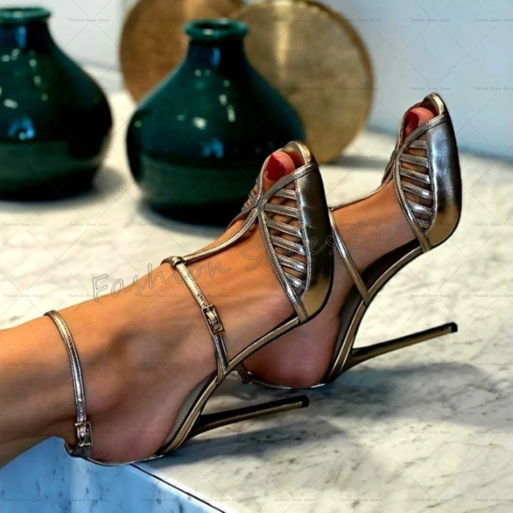 

Silver Hollow Out Peep Toe Sandals Buckle Strap Women Shoes Stilettos High Heels Party Banquet Dating 2025 Zapatos Para Mujere