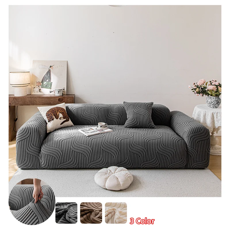 1pc Elastic Sofa Slipcover Corn Velvet Striped Stretch Sofa Cover Soft Furniture Protector Machine Washable for Living Room