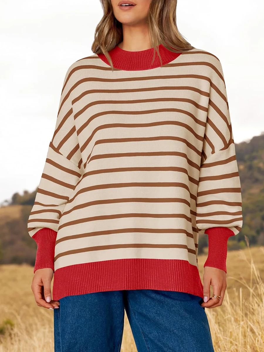 Women s Loose Stripes Sweaters Long Sleeve Round Neck Contrast Color Knit Tops Fall Jumper Tops