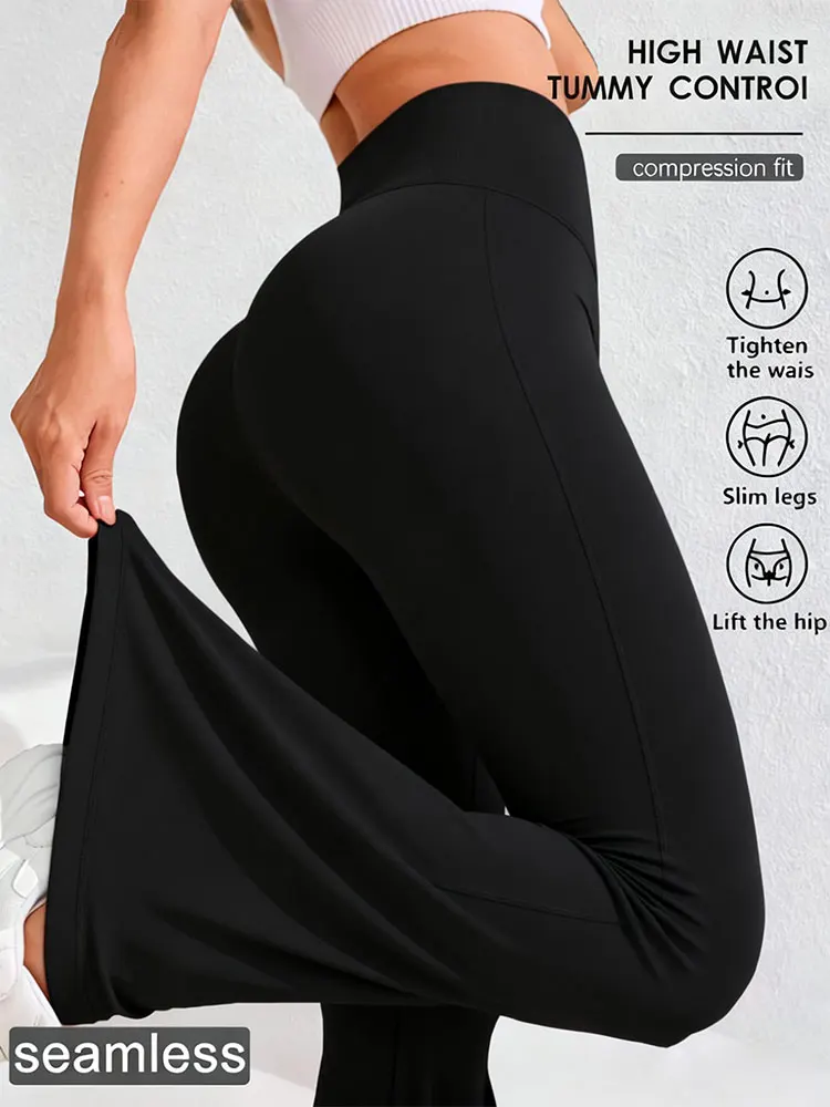 Yogabroek met hoge taille, rechte pijpen, buikcontrole en zoom met wijde pijpen - Zomer lichtgewicht ademende trainingslegging