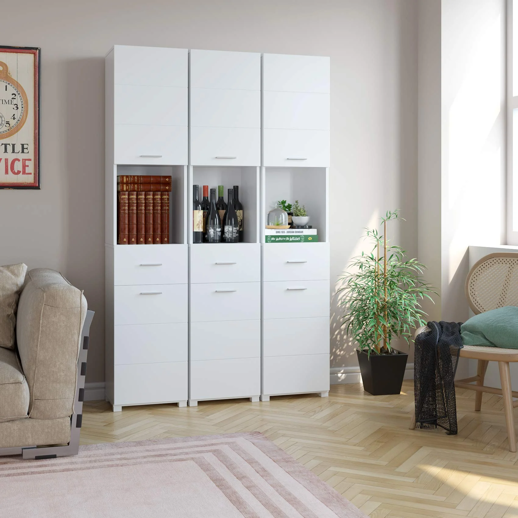 Getone Tall Bathroom Cabinet, Bathroom Storage Unit, Freestanding Cupboard, Slim Tallboy with Drawer and 2 Doors, White Wooden 37x30x180cm