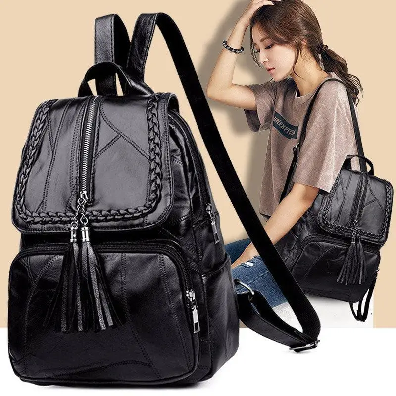 

Mini Men's PU Leather Backpack Black Trendy Tassel Design Casual Shoulder Bag Perfect School Bag for Students Daily Use