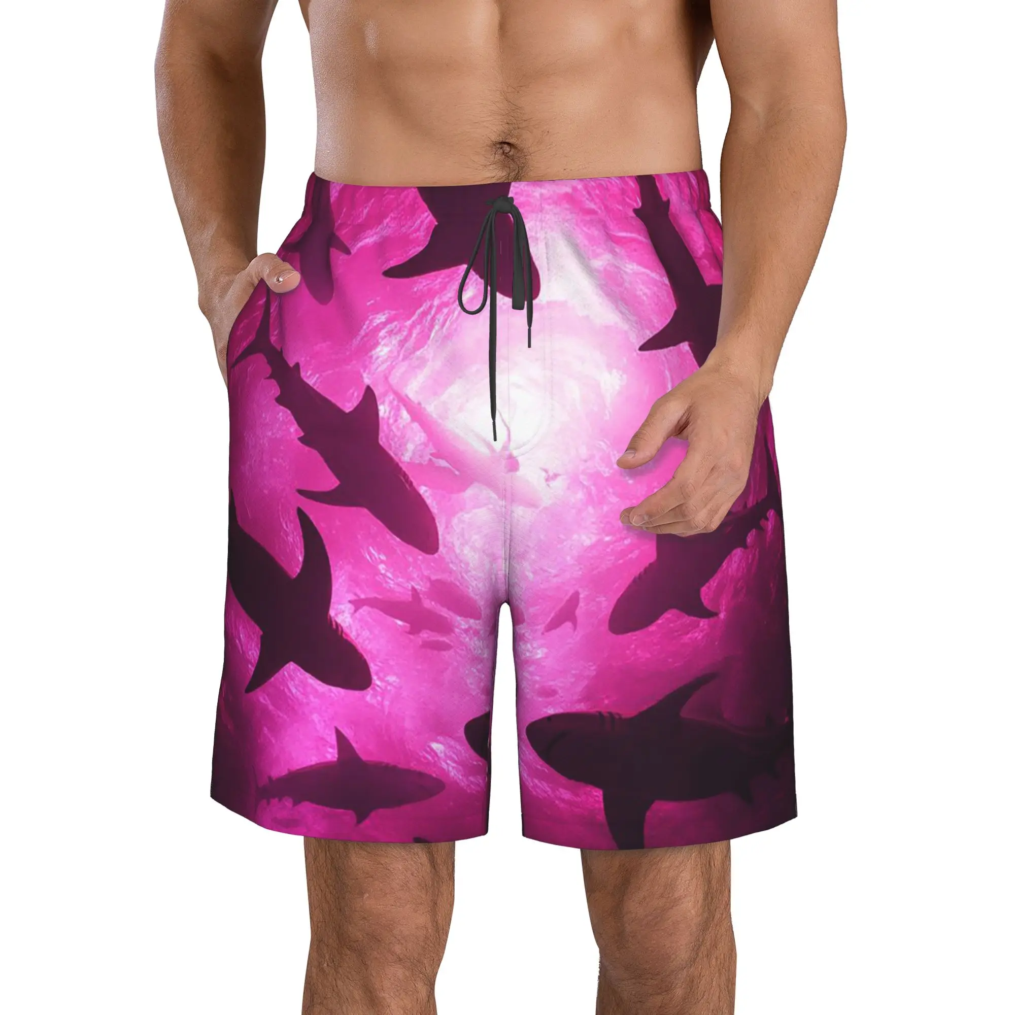Vibrant Pink Shark Silhouette Pattern Trunks Beach Board Shorts Casual Quick Dry Swim Summer Men Pants