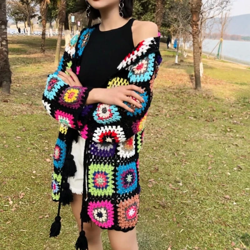 Bohemian Tassels Tie Front Hoodie Cardigan Hollowed Crochet Knit Colorful Long Sleeve Outwear Jackets Beach Coverup Coat