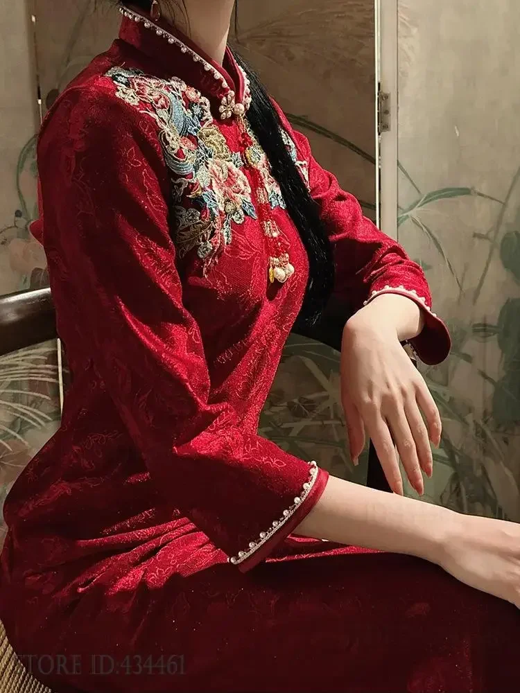 

Bride Wedding Party Dress Burgundy Jacquard Bead Cheongsam Traditional Chinese Embroidery Cheongsam Sexy Vestidos Maxi Dress