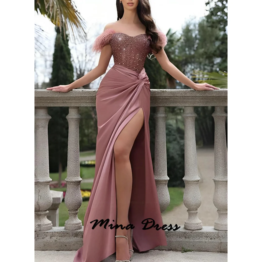 

Mina Customized Sequins Evening Dresses Woman Elegant Dress Woman 2024 High Slit Sleeveless Backless Feather Drop Shoulder Prom