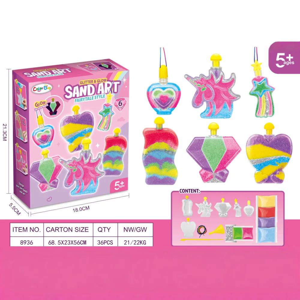 Kit d'art de sable pour enfants, créez votre propre kit d'activités artisanales avec ensemble de sable, bouteilles de formes assorties d'art de sable qui brillent dans la nuit a
